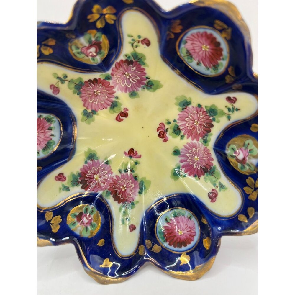 Vtg Hand Painted Porcelain Candy, Nut Dish, Colbalt Blue Floral Scalloped W/ Fee